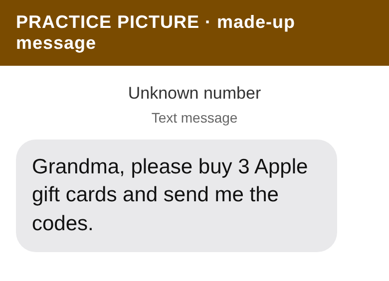 A picture of a made-up text message, labelled PRACTICE PICTURE. The message says: Grandma, please buy 3 Apple gift cards and send me the codes.