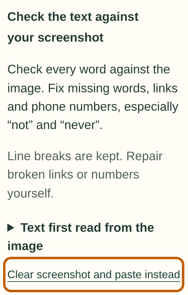 The button “Clear screenshot and paste instead”, under the instructions for comparing the text with the screenshot.